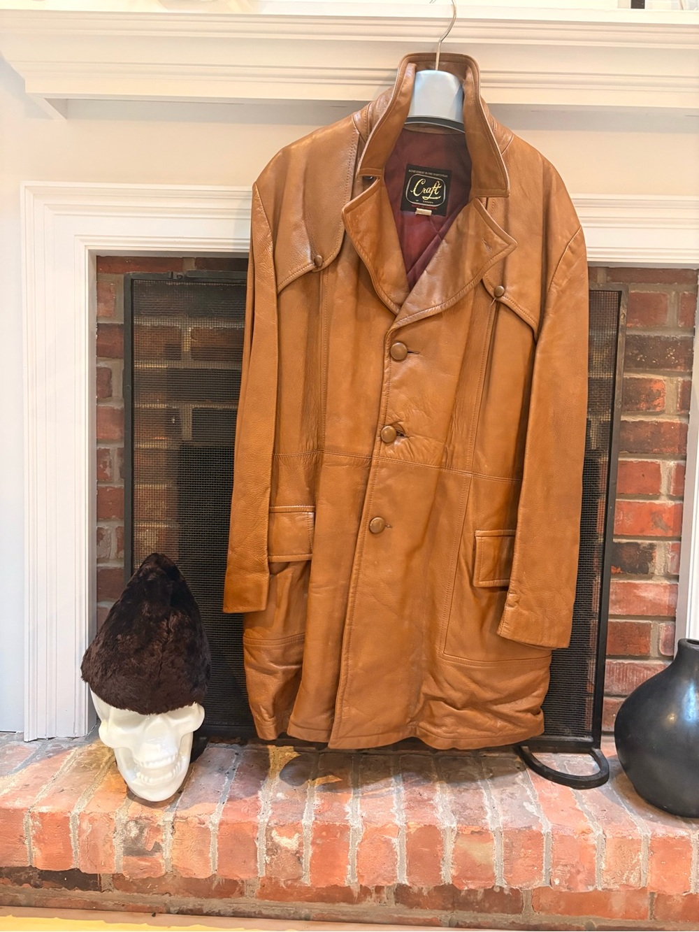 Craft Mens Tan Leather Trench Coat and Beaver Fur Hat
